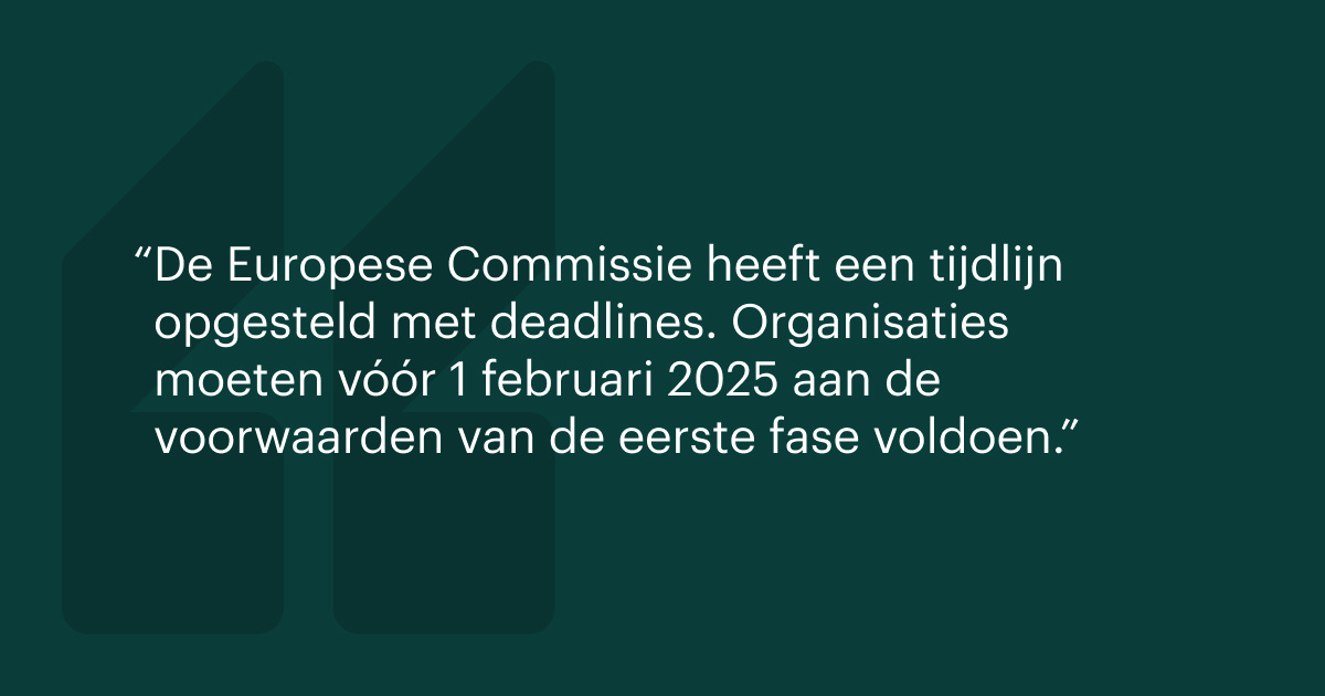 De Europese Commissie heeft een tijdlijn opgesteld met deadlines. Organisaties moeten vóór 1 februari 2025 aan de voorwaarden van de eerste fase voldoen.