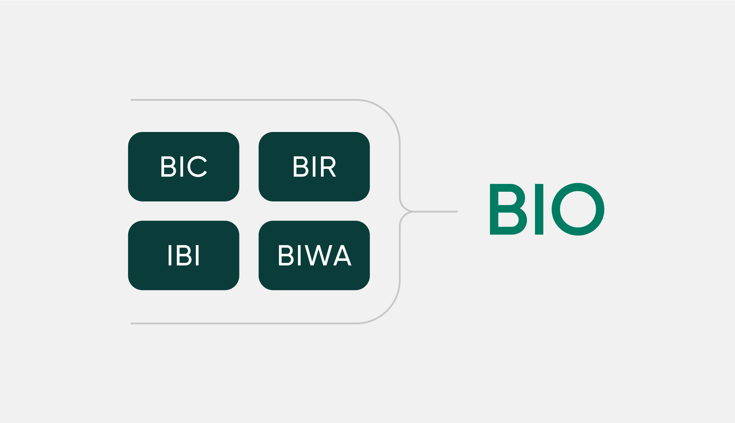 Schematische weergave van hoe de wet BIO is opgebouwd. Links vier blokken: BIC, BIR, IBI en BIWA. Omlijnd door een acculade naar rechts, wijzend naar BIO