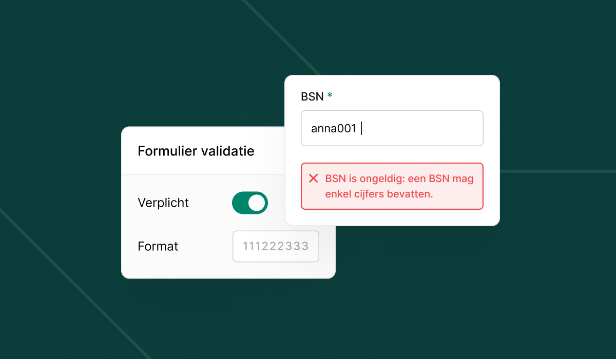Formulier validatie instellingen voor BSN-veld. Links een toggle voor verplicht veld en format voorbeeld 111222333. Rechts BSN invoerveld met waarde 'anna001' en rode foutmelding: 'BSN is ongeldig: een BSN mag enkel cijfers bevatten.'